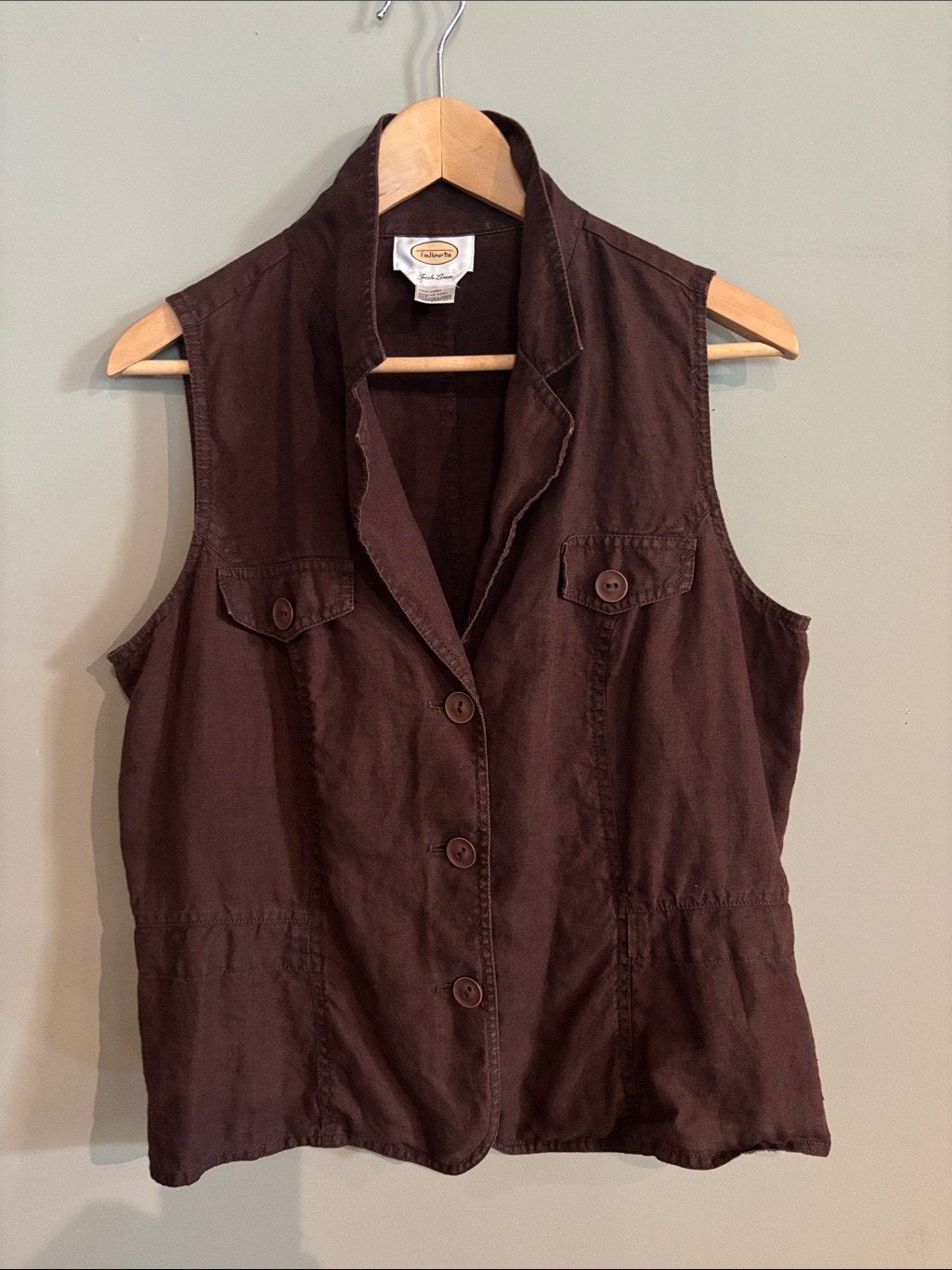 Talbots Irish Linen Vest Medium Brown 100% Linen Button Front Lightweight
